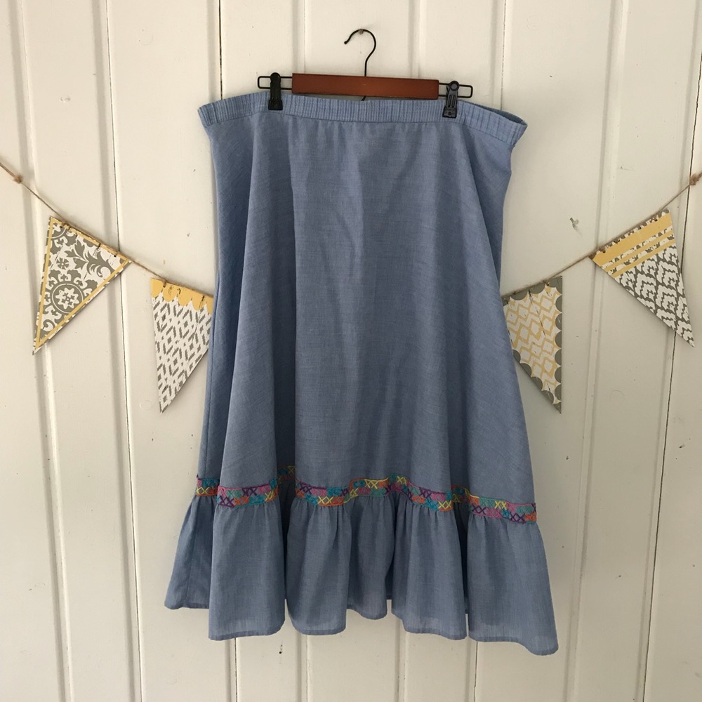 Vintage Chambray Rainbow Embroidered Maxi Skirt